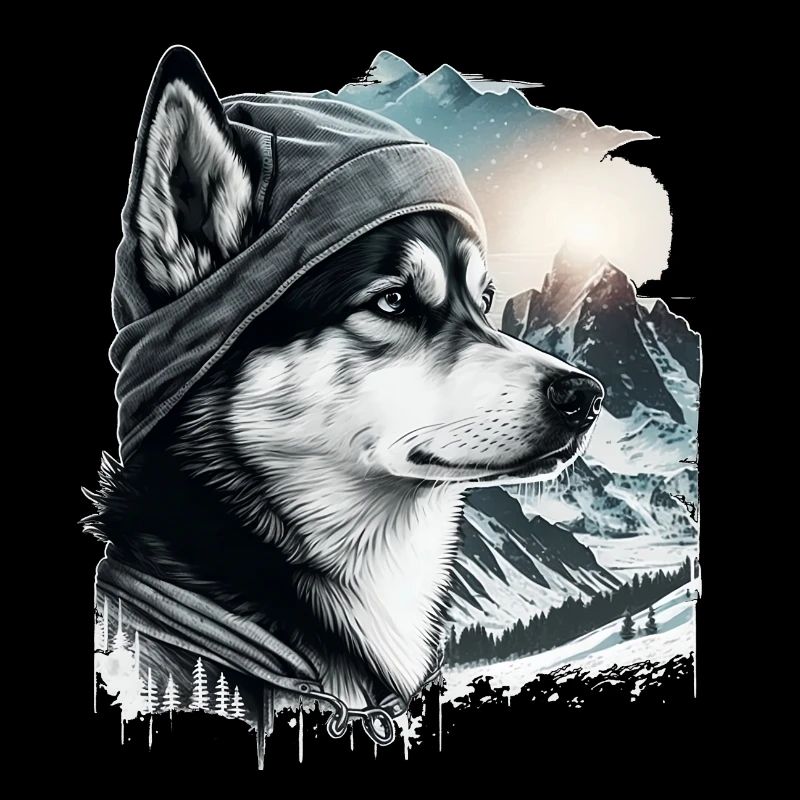Husky mit Kappe im Schnee