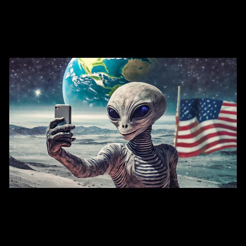 grey alien on the moon surface – making selfies
