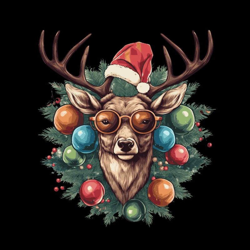 Renne avec boules de Noël et chapeau