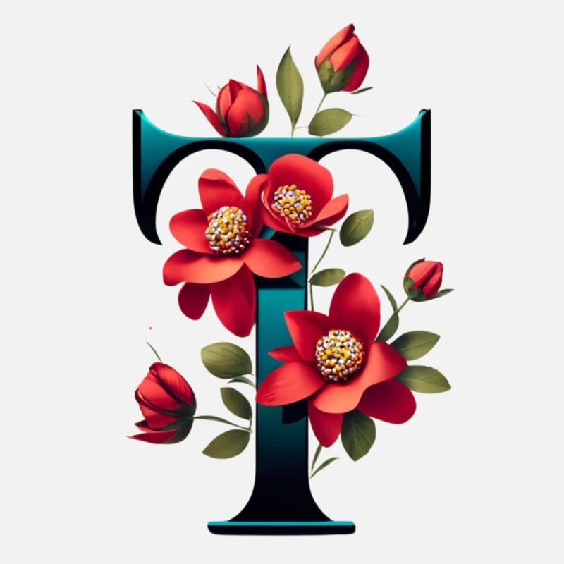 T In schwarz, mit roter Blume