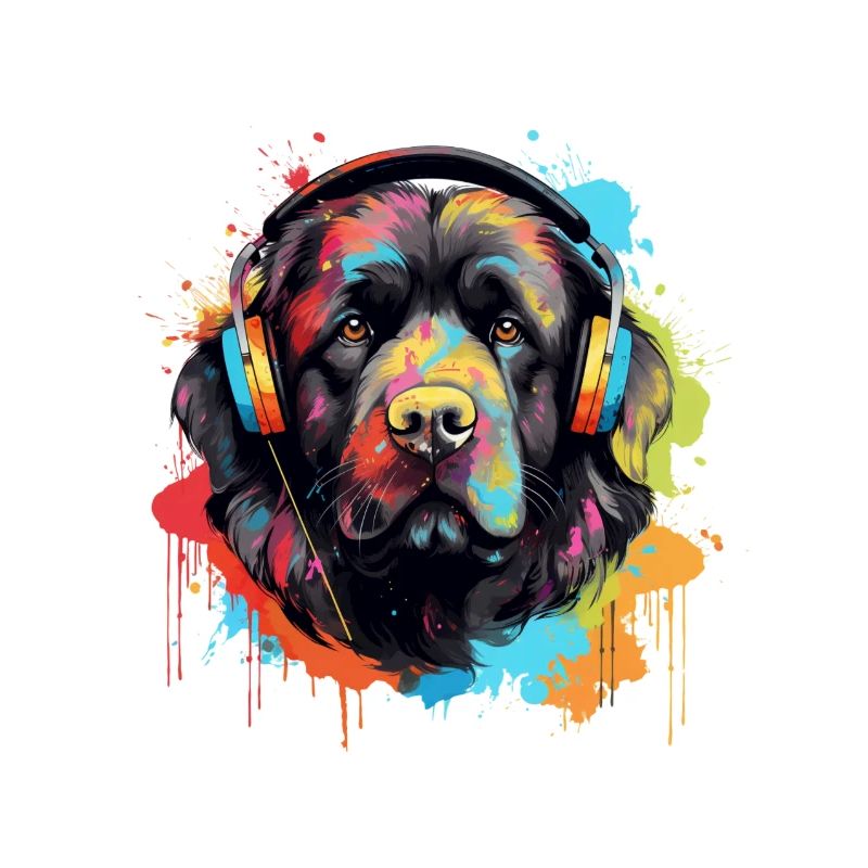 Neufundländer Hund mit Kopfhörer Farbspritzer