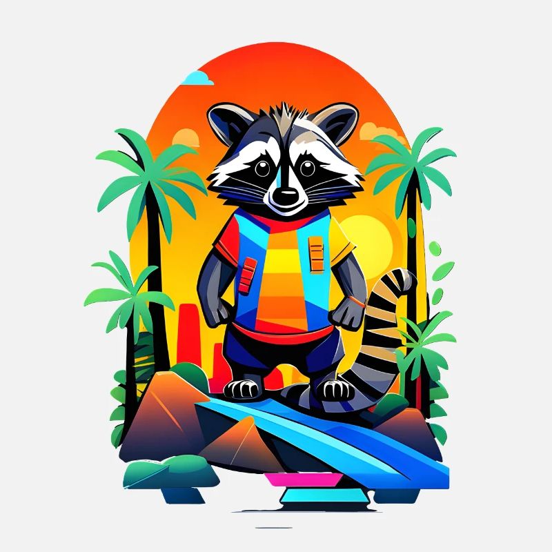 Retro raccoon in tropical sunset