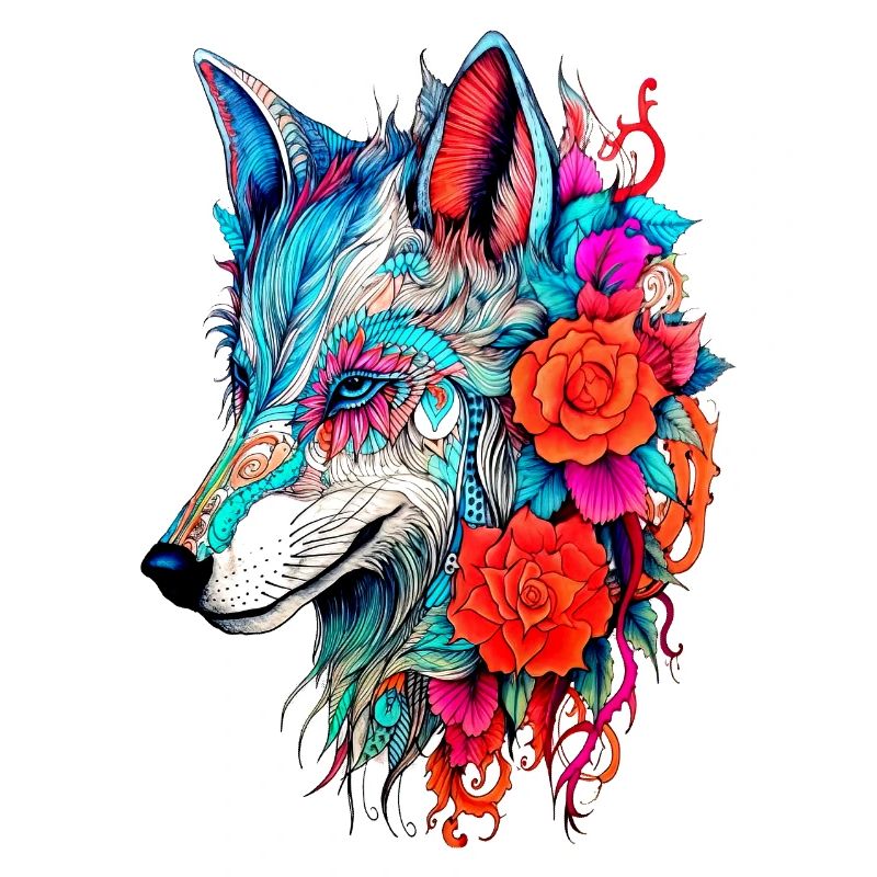 Wolf mit Blumen Mädchen