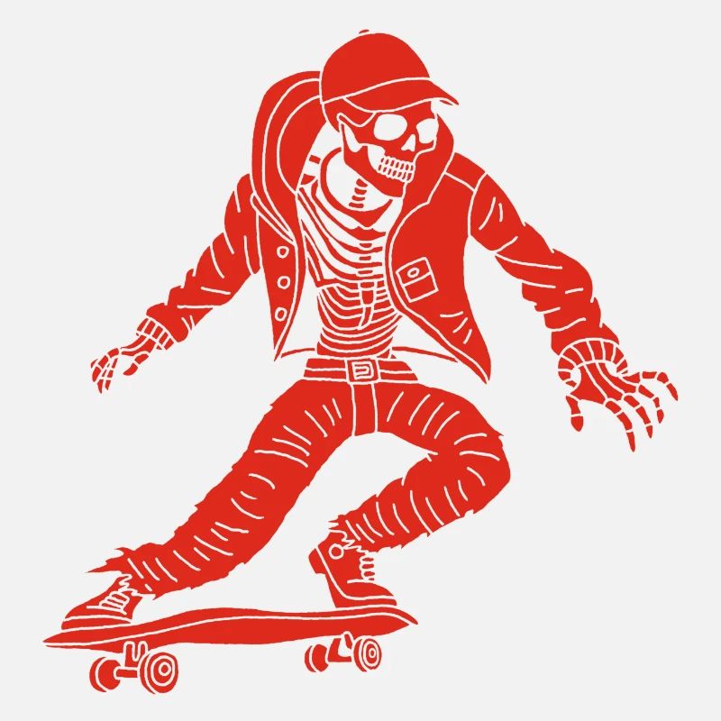 Squelette rouge en skateboard