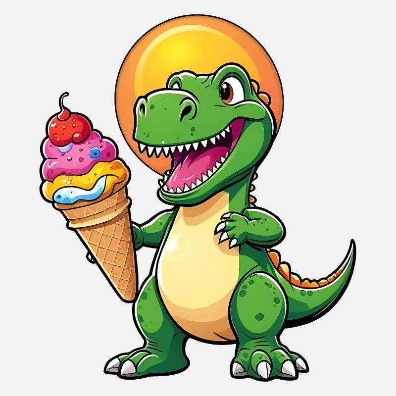 Lustiger Dino mit großer bunter Eistüte