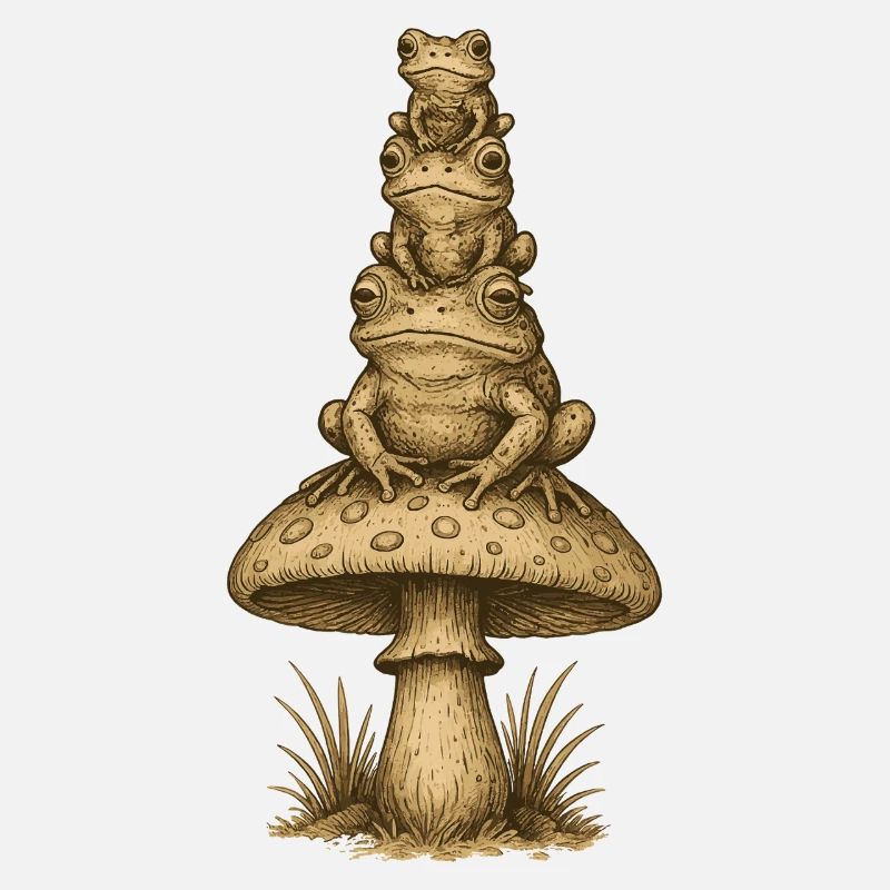Totem de grenouille sur pile de champignons