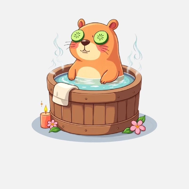 Capybara dans le bain avec des tranches de concombre
