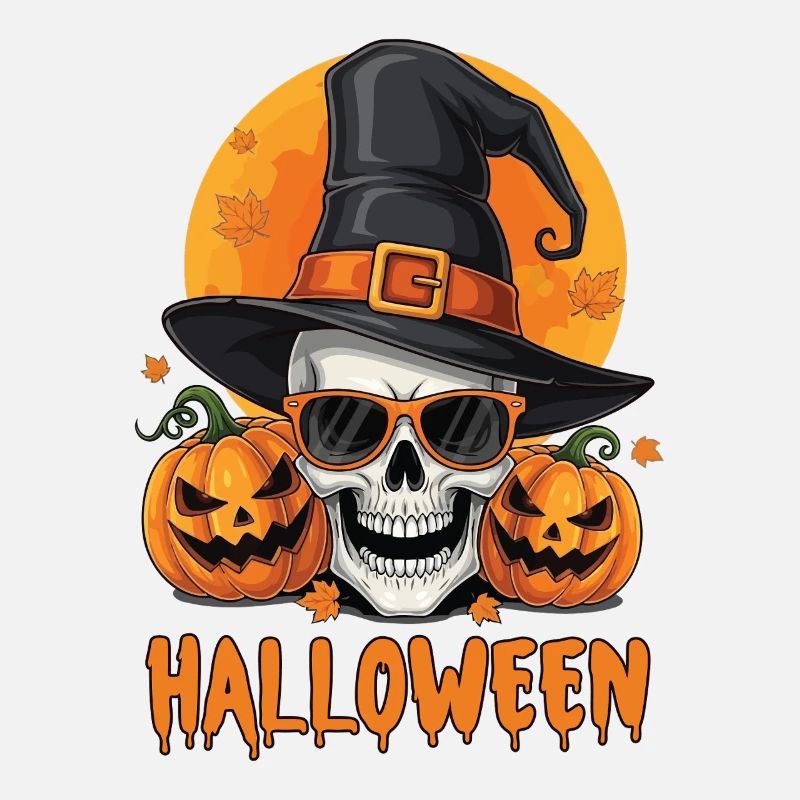 Squelette avec chapeau de sorcière et citrouilles