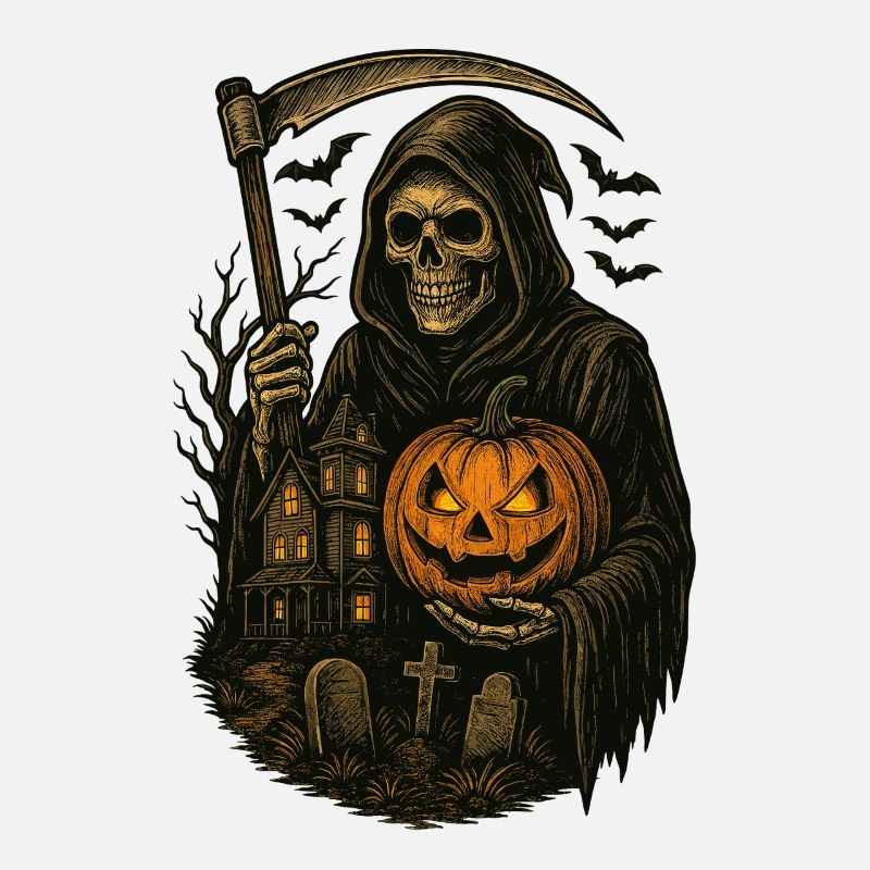 Scary pumpkin head and grim reaper