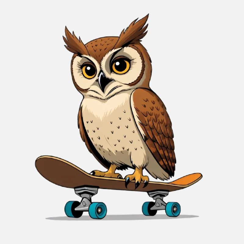 Eule auf Skateboard im Comic-Stil
