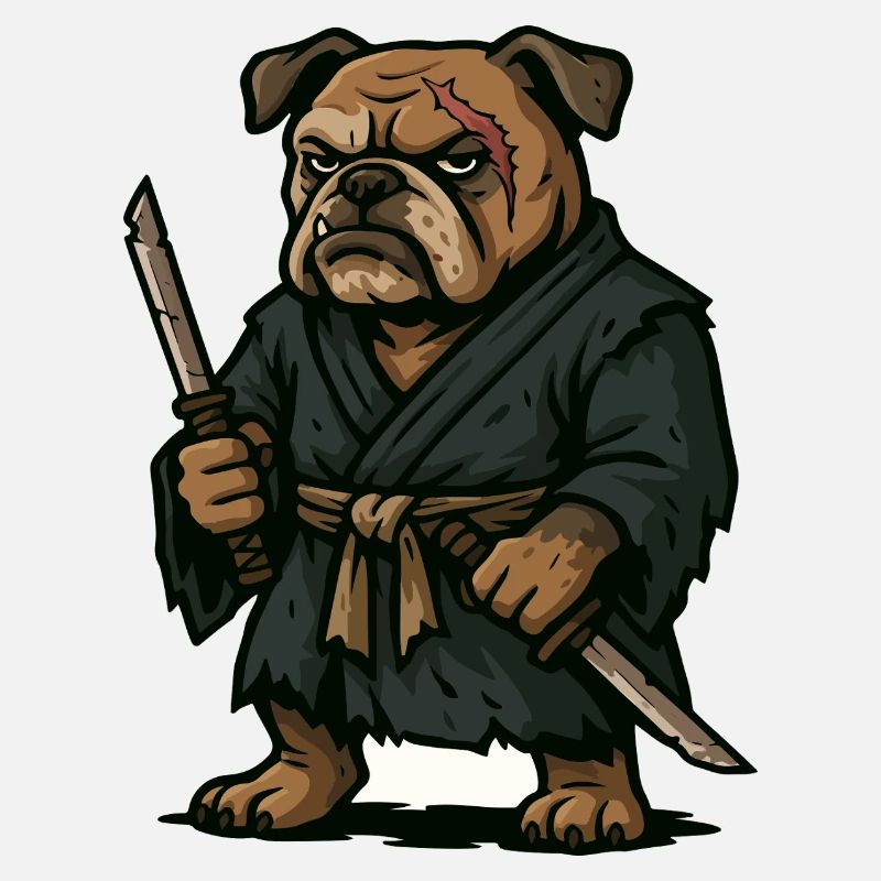 Bulldog Samurai Warrior with Dual Katana Blades