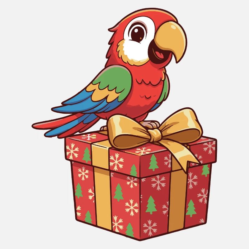 Weihnachtspapagei auf Geschenkbox
