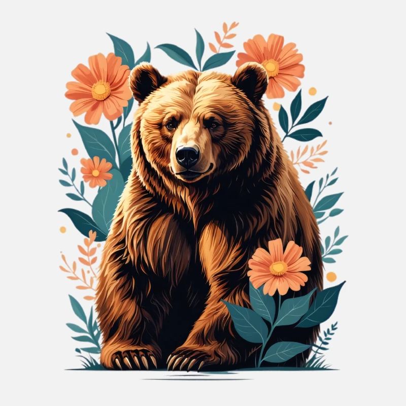 Ours brun dans un cadre de fleurs