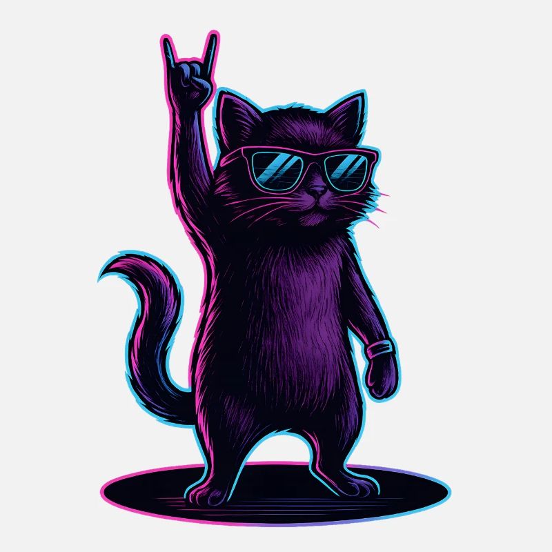 Synthwave Kater Katze mit Rockhand Pose