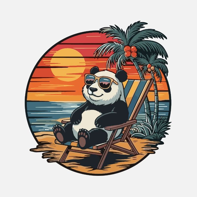 Panda drôle sur la plage Coucher de soleil des vacances d’été