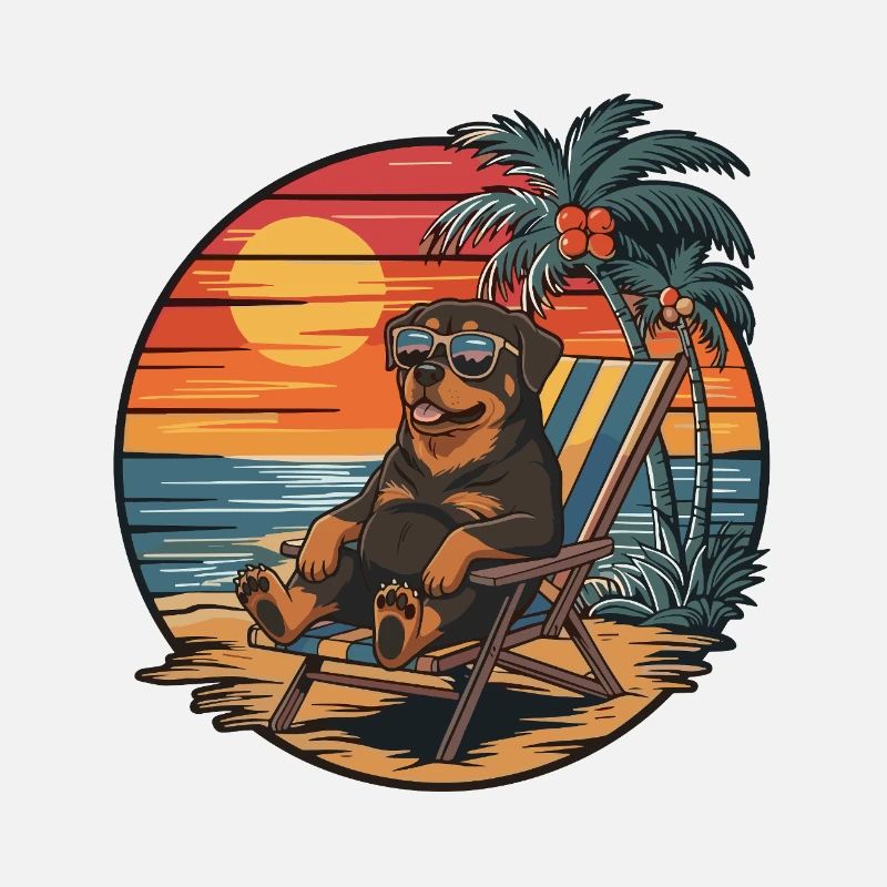 Funny Rottweiler Dog on Beach Summer Sunset