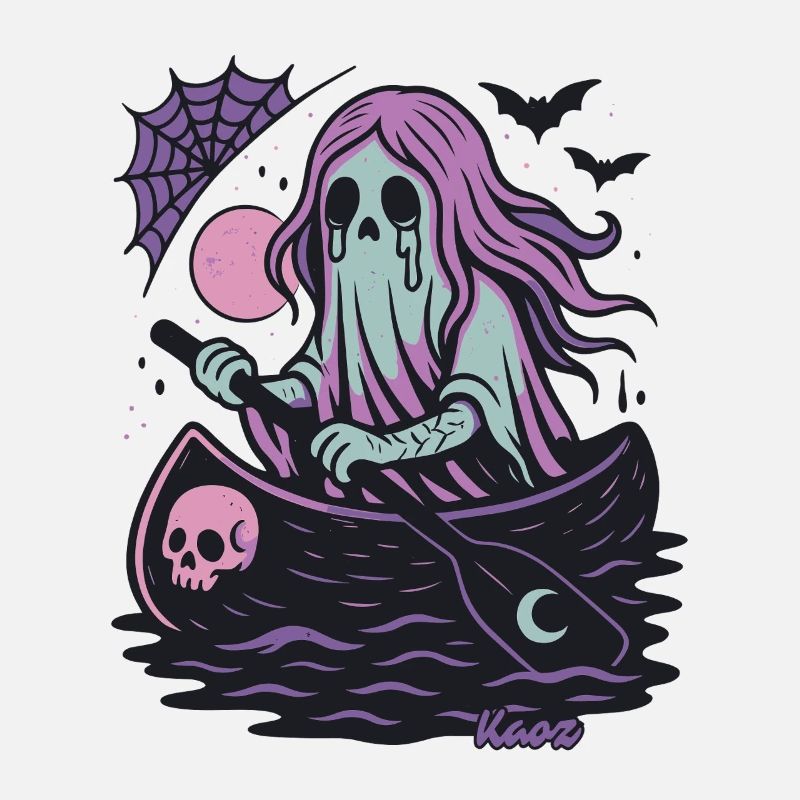 Ghost in the boat with moon and bat