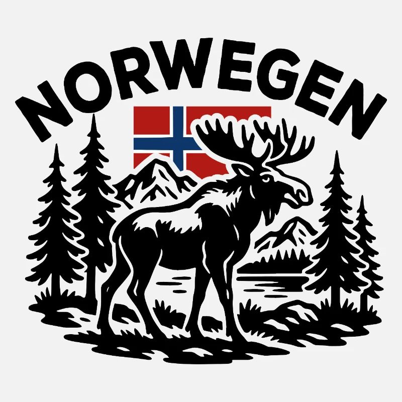 Drapeau de Norvège - Montagnes, Lacs, Forêt, Orignal