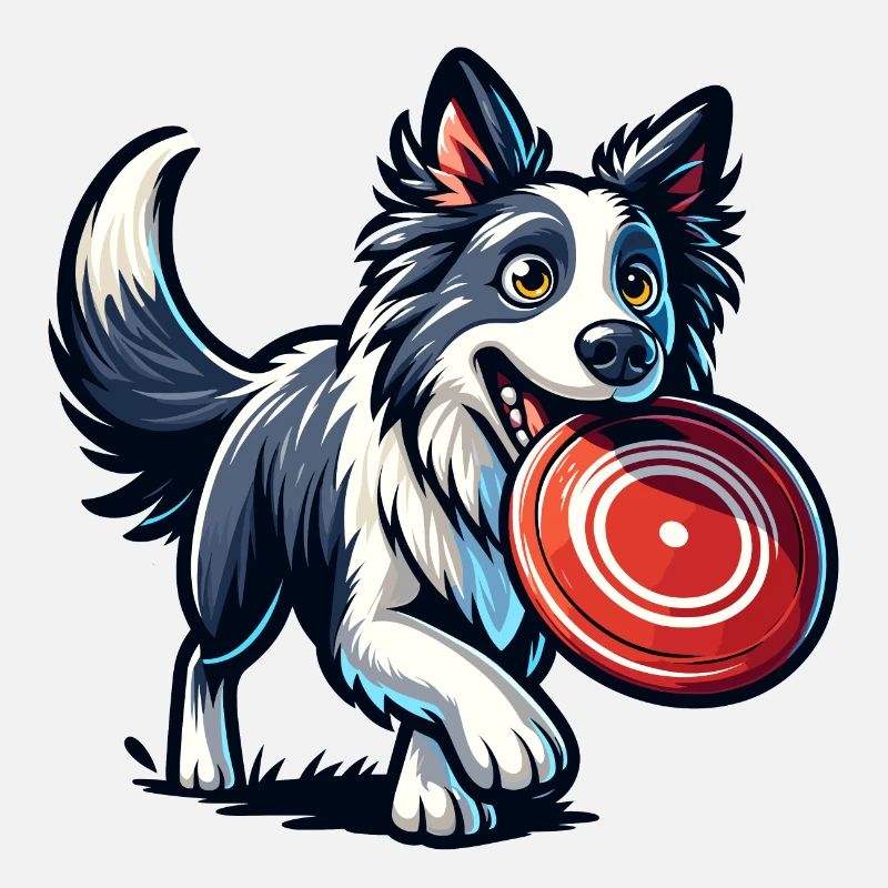 A border collie happily plays with a frisbee