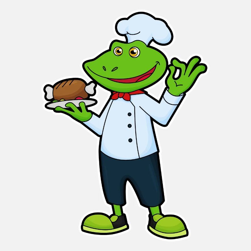 Grenouille comme cuisinier avec assiette et poulet