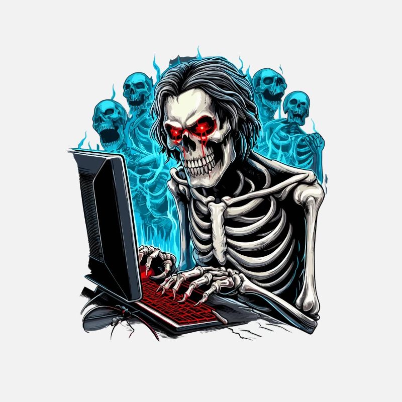 Skeleton, gamer in hell with ghosts/demons