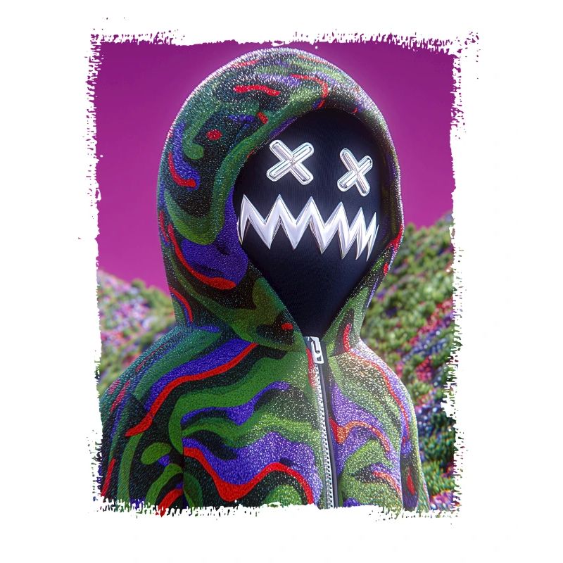 Psychedelic Maskenfigur Neon Glitch Grafik