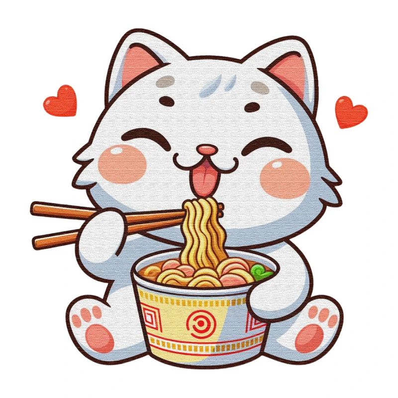 chat mignon mangeant des ramen