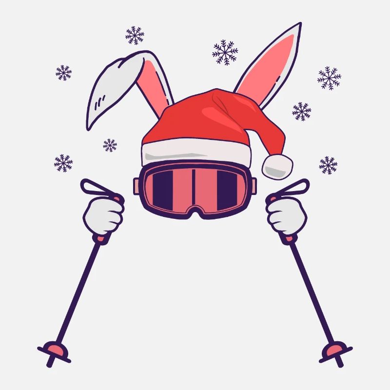 Skiing Santa Rabbit with Santa Hat and ski poles