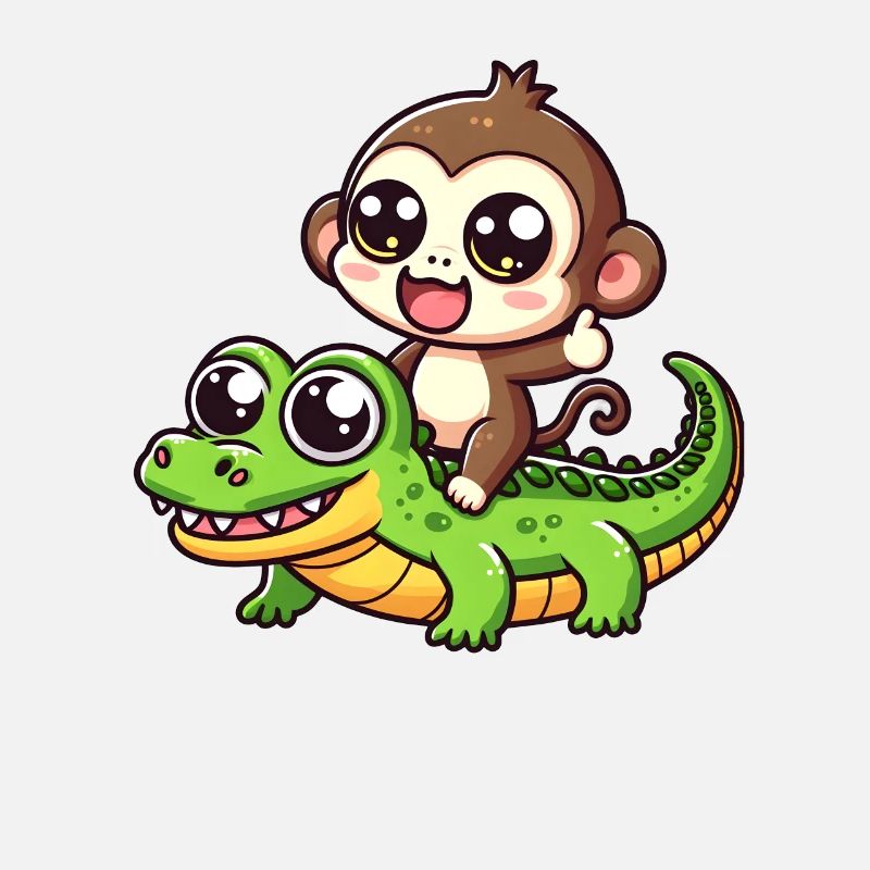 Cute monkey rides crocodile