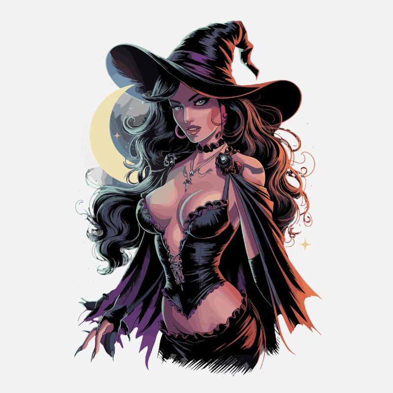 Beautiful witch in the moonlight with magic hat and