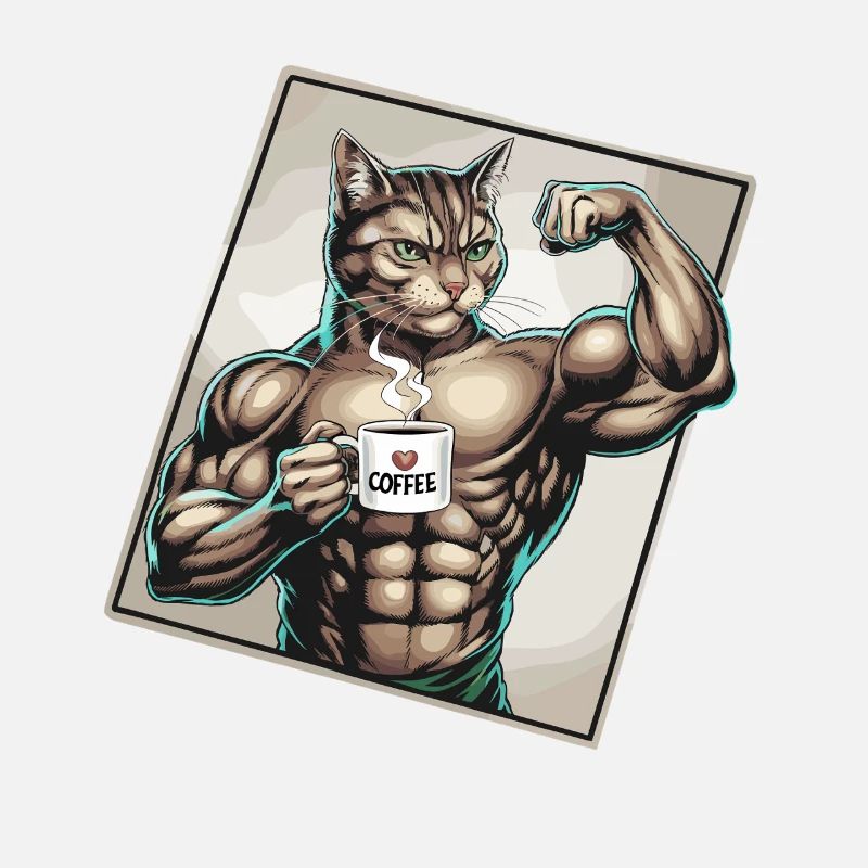Powerful cat with coffee