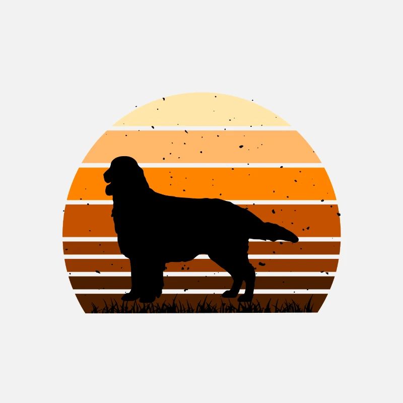 Flat Coated Retriever Dog Silhouette Retro Sunset