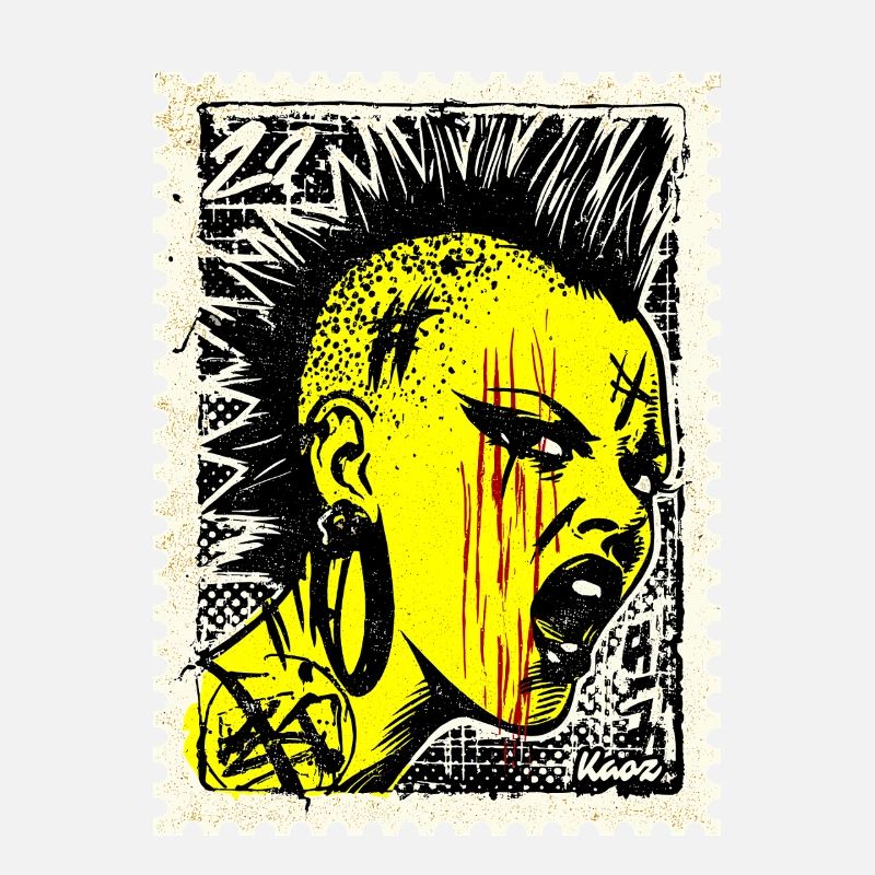 Wild punk woman with mohawk and anger on postage stamp