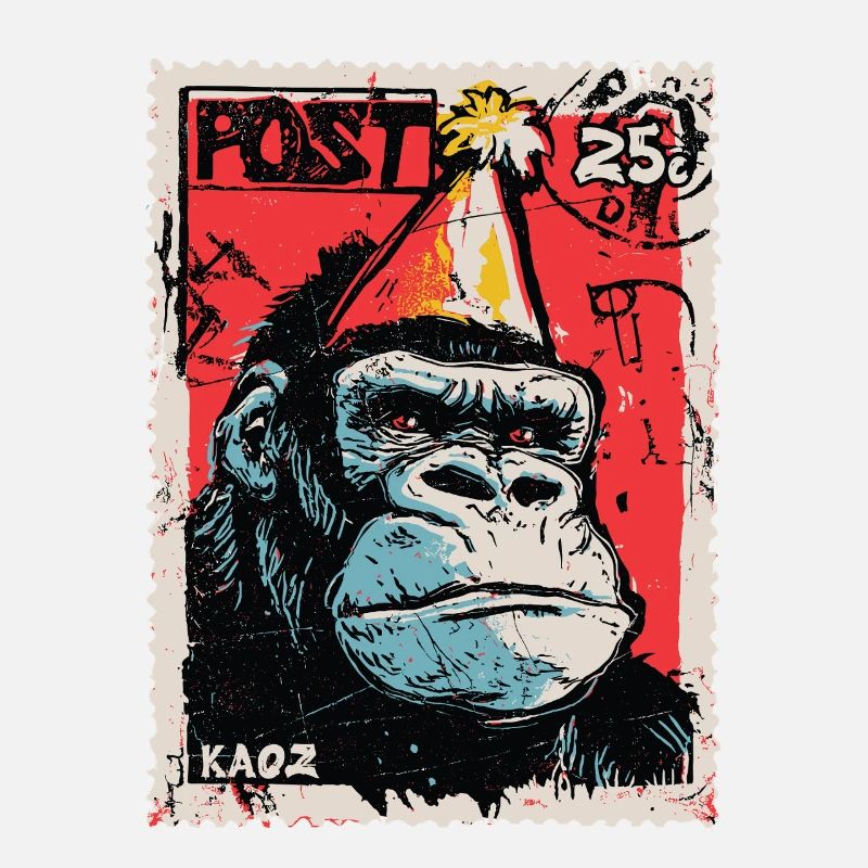 Gorilla with party hat on a postage stamp