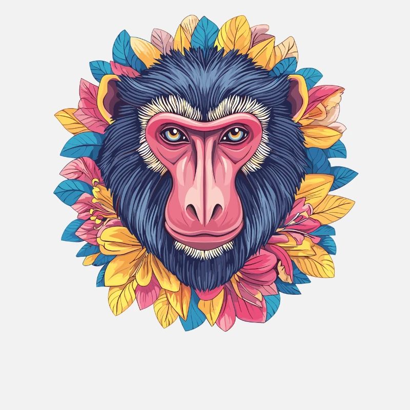 Mandrill avec couronne de fleurs