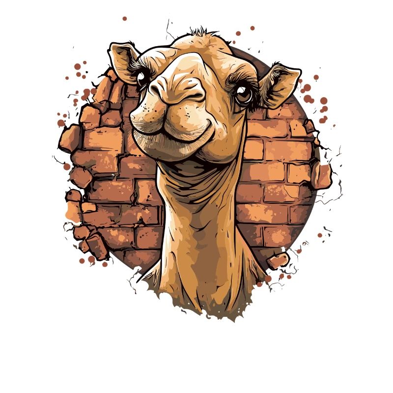 Chameau devant un mur de briques