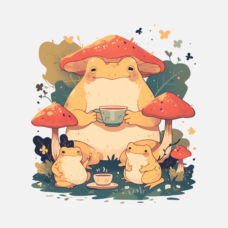 Frogs With Tea Toadstool Cottagecore Leaves