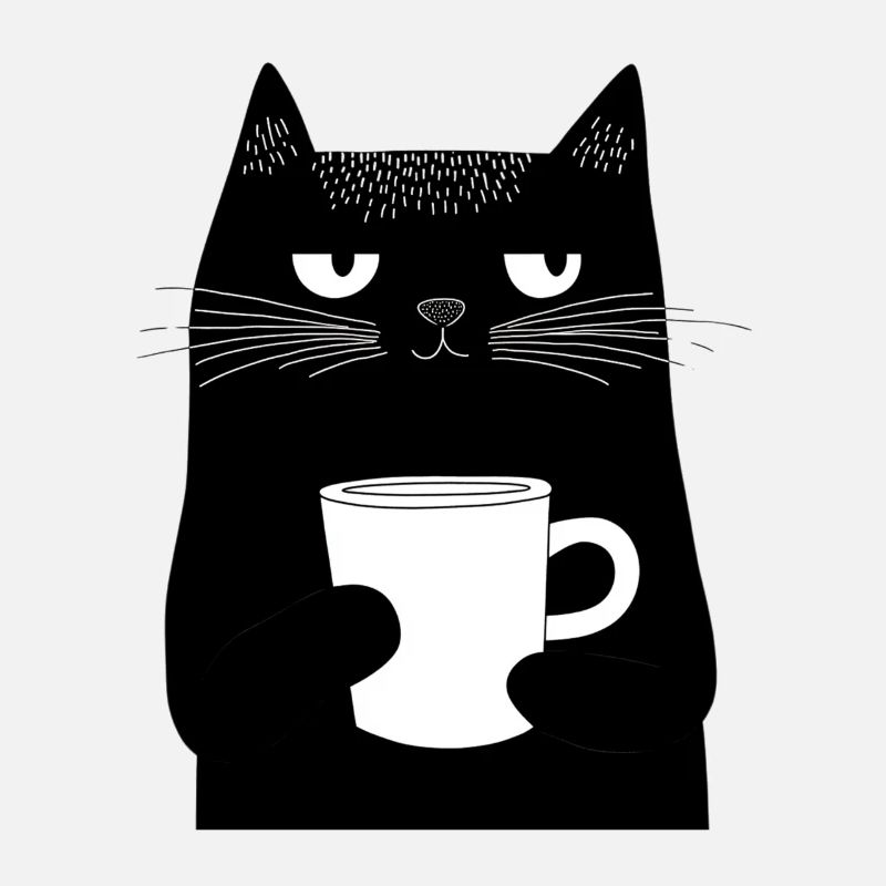 Minimalistisch: Schwarze Katze mit Kaffeebecher