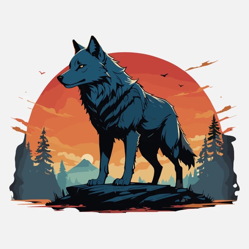 Wolf Howling Golden Hour Landscape Illustration