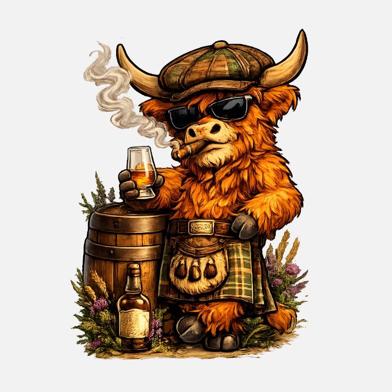 Highland Cattle mit Whiskyfass, Zigarre und Kilt