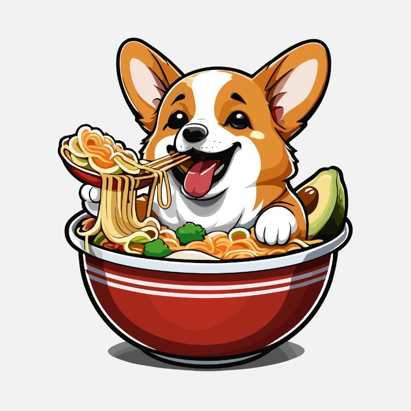 Corgi se baigne dans un bol de ramen