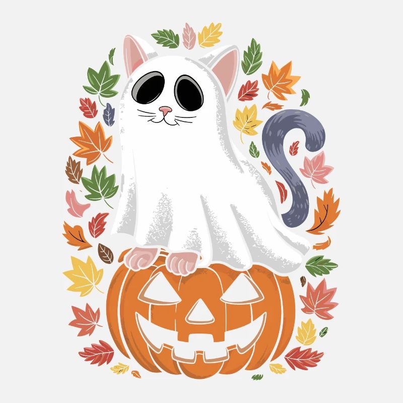 Halloween Cat Ghost on Pumpkin with