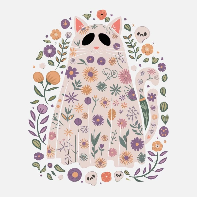 Cute Halloween Ghost Cat With Flowers