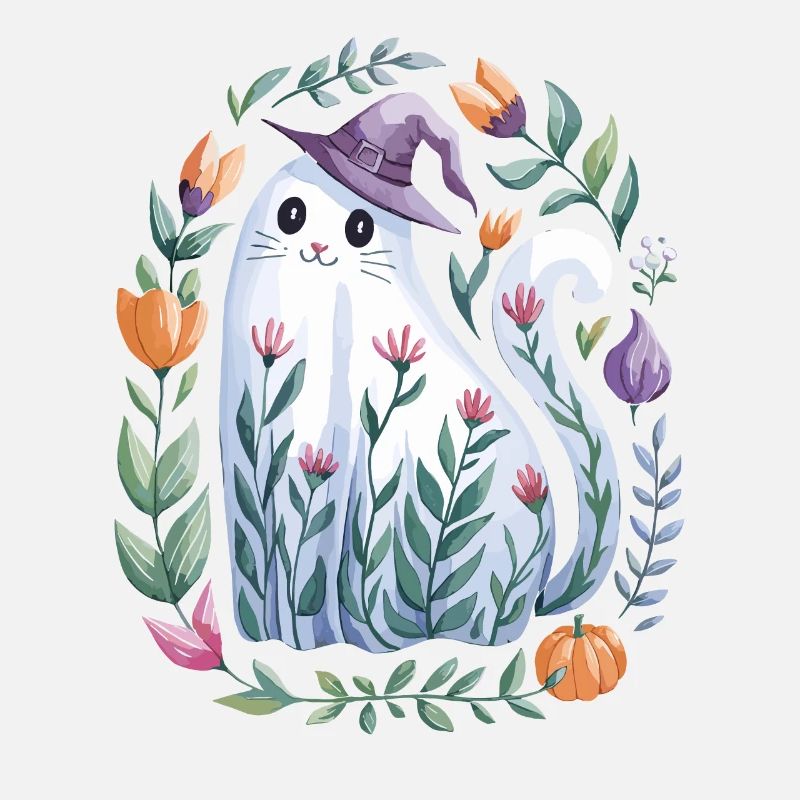 Halloween Ghost Cat With Witch Hat And Flowers