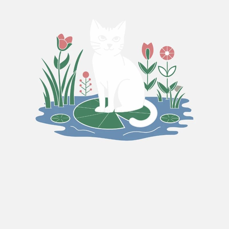 Chat cottagecore sur nénuphar dans le jardin