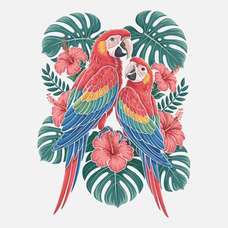 Perroquets exotiques aux fleurs tropicales