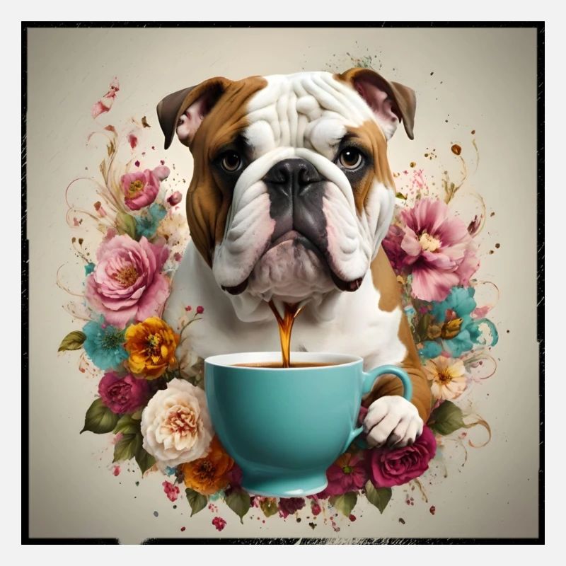 Vieux bouledogue anglais, café et fleurs