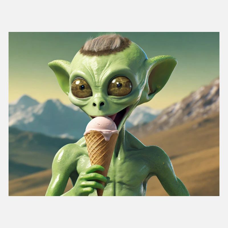 grey alien on the moon surface – eating ice cream