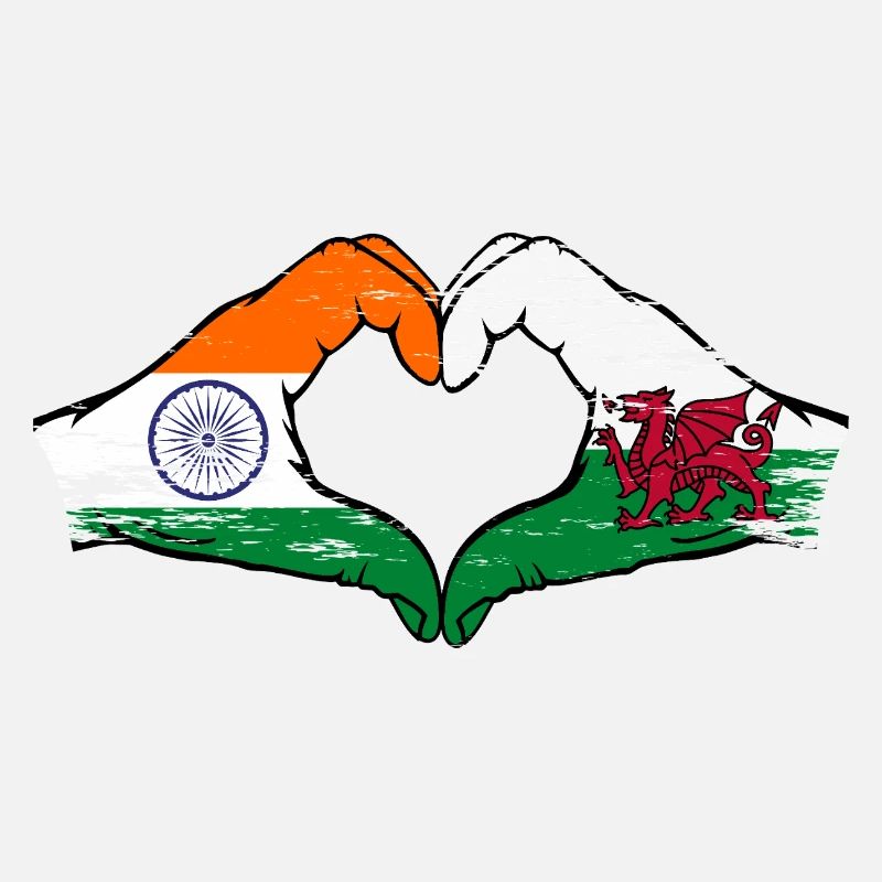 Drapeau de l’Inde Pays de Galles mains forme de coeur utilisé
