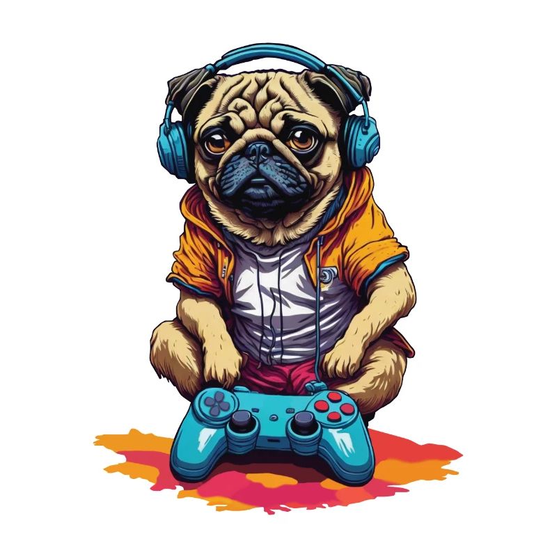 Lustiger Nerd Gaming Mops Hund mit Controller